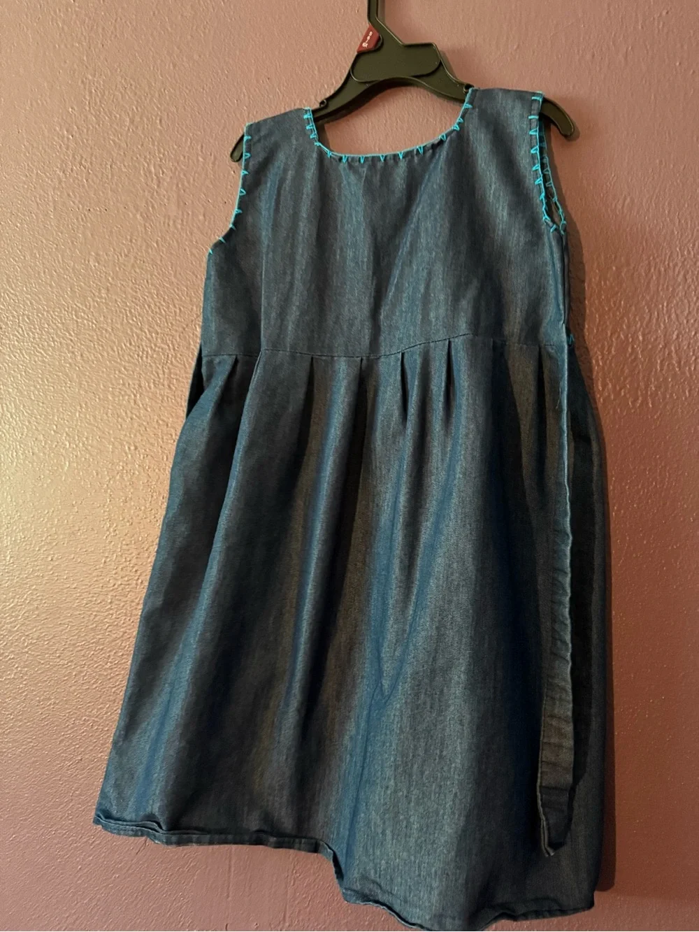 Girls Denim-Look Embroidered Floral Dress - Blue